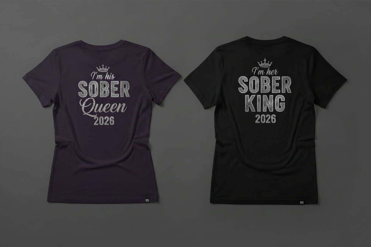 Two t-shirts, one purple and one black, with 'I'm his Sober Queen 2026' and 'I'm her Sober King 2026' text on a dark background.